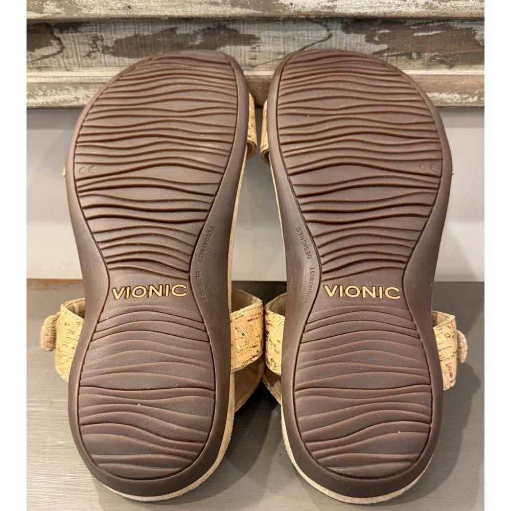 Vionic Sandals Womens Sz 7.5 Tan Cork Farra Ankle Strap Orthotic Comfort Footbed
